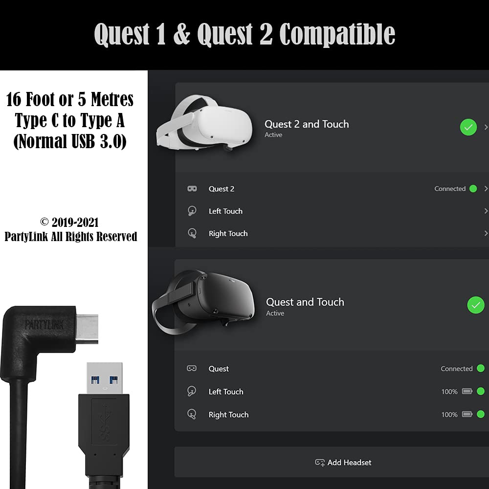 PartyLink 16ft(5m) USB 3.0 Type-C to Type-A Cable | Oculus Quest & Quest2... - Fresh Stock Dated February 2026