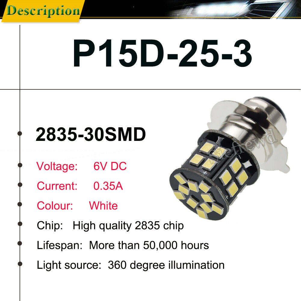 6 VOLT 6V LED BULB LIGHT P15D-25-3 Hi/Lo Motorcycle Scooter ATV Moped Headlight - Fresh Stock Dated February 2026