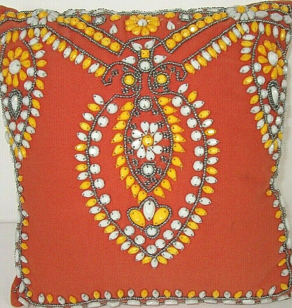Pottery Barn Decorative Pillow Orange W/ Lots Of Beading Small 11x11 Embellished - Fresh Stock Dated February 2026