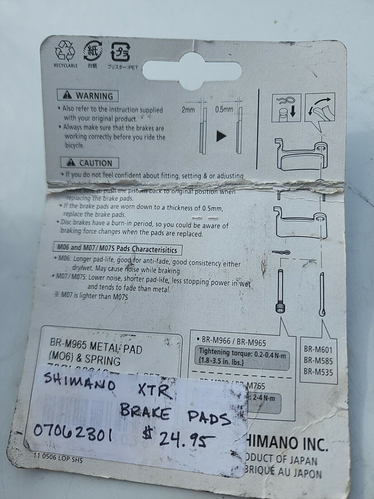 NOS Shimano XTR Z06 DISK BRAKE PADS BR-M965 966 Deore XT SLX METAL with Spring - Fresh Stock Dated February 2026