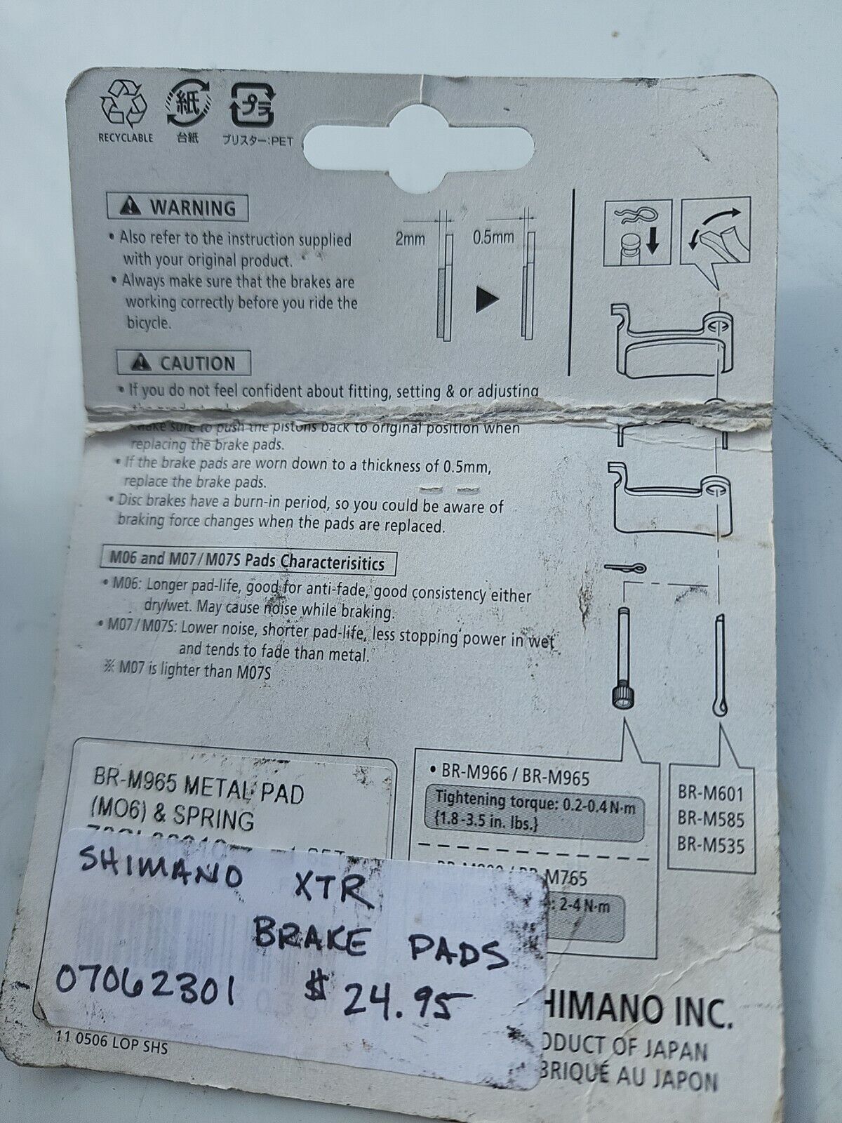 NOS Shimano XTR Z06 DISK BRAKE PADS BR-M965 966 Deore XT SLX METAL with Spring - Fresh Stock Dated February 2026