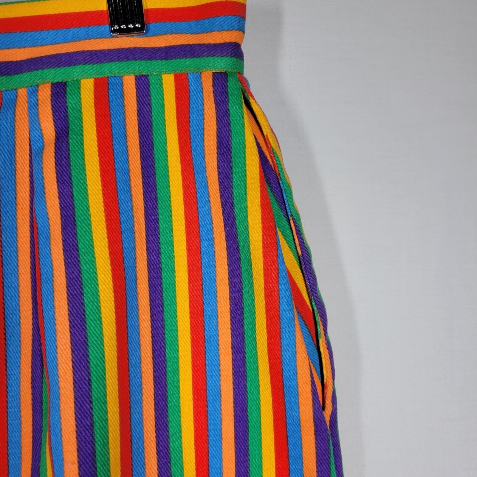 Vintage 80s 90s Rebecca Thomas Rainbow Striped Denim Cotton Midi Skirt Size 14 - Fresh Stock Dated March 2026
