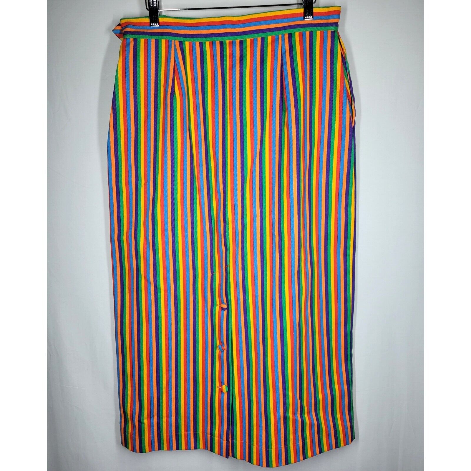 Vintage 80s 90s Rebecca Thomas Rainbow Striped Denim Cotton Midi Skirt Size 14 - Fresh Stock Dated March 2026