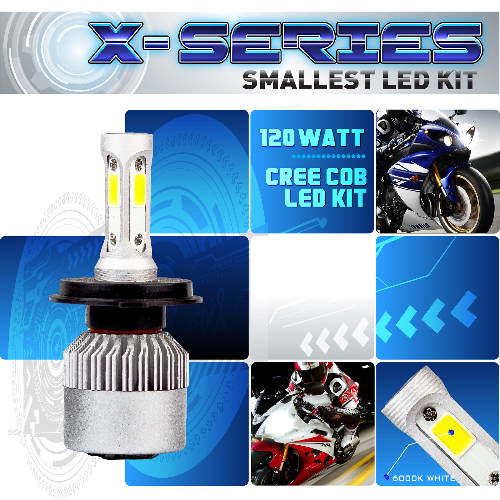 120W 12000LM CREE COB LED Motorcycle Headlight Hi Lo Kit 6000K White H4 9003 (A) - Fresh Stock Dated February 2026