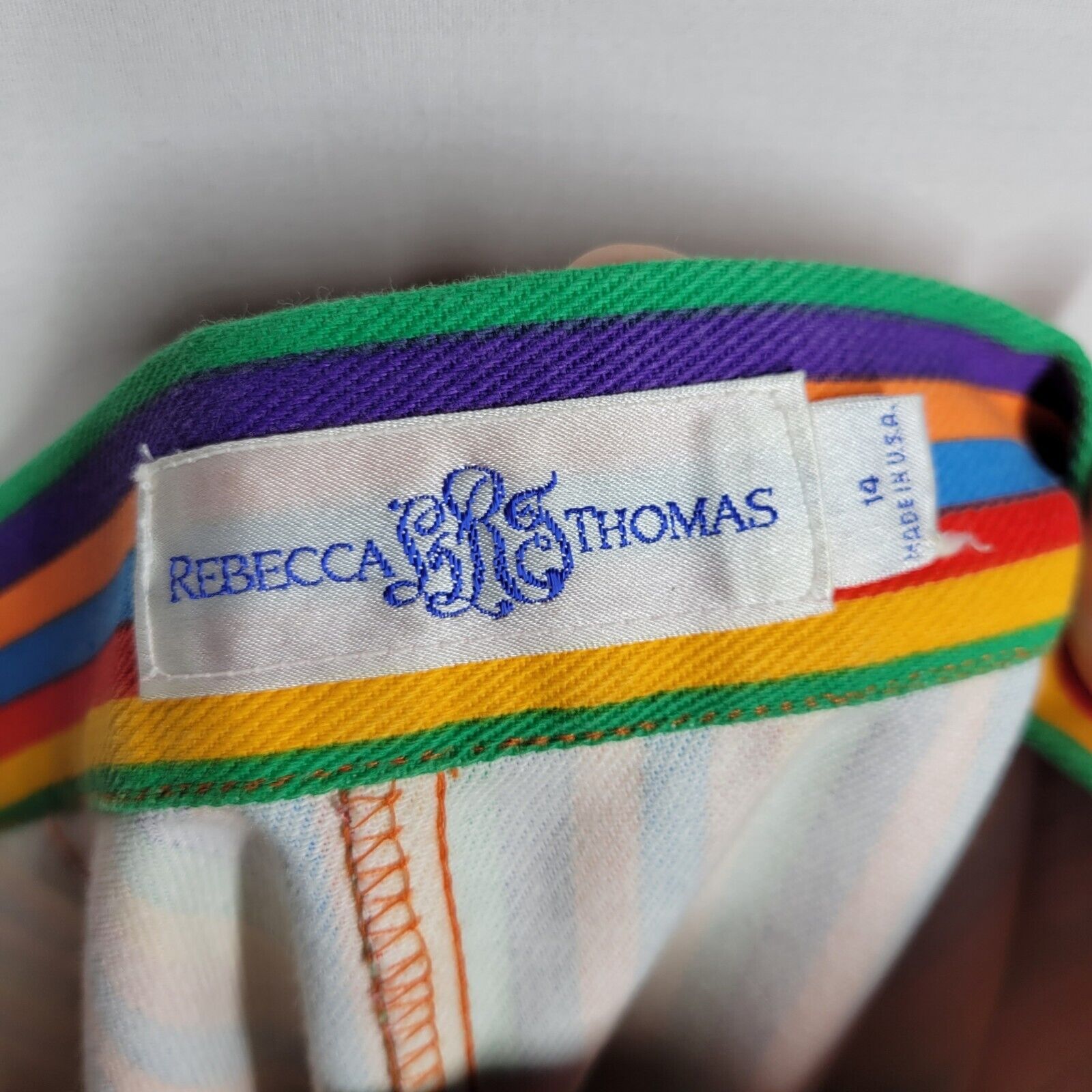 Vintage 80s 90s Rebecca Thomas Rainbow Striped Denim Cotton Midi Skirt Size 14 - Fresh Stock Dated March 2026