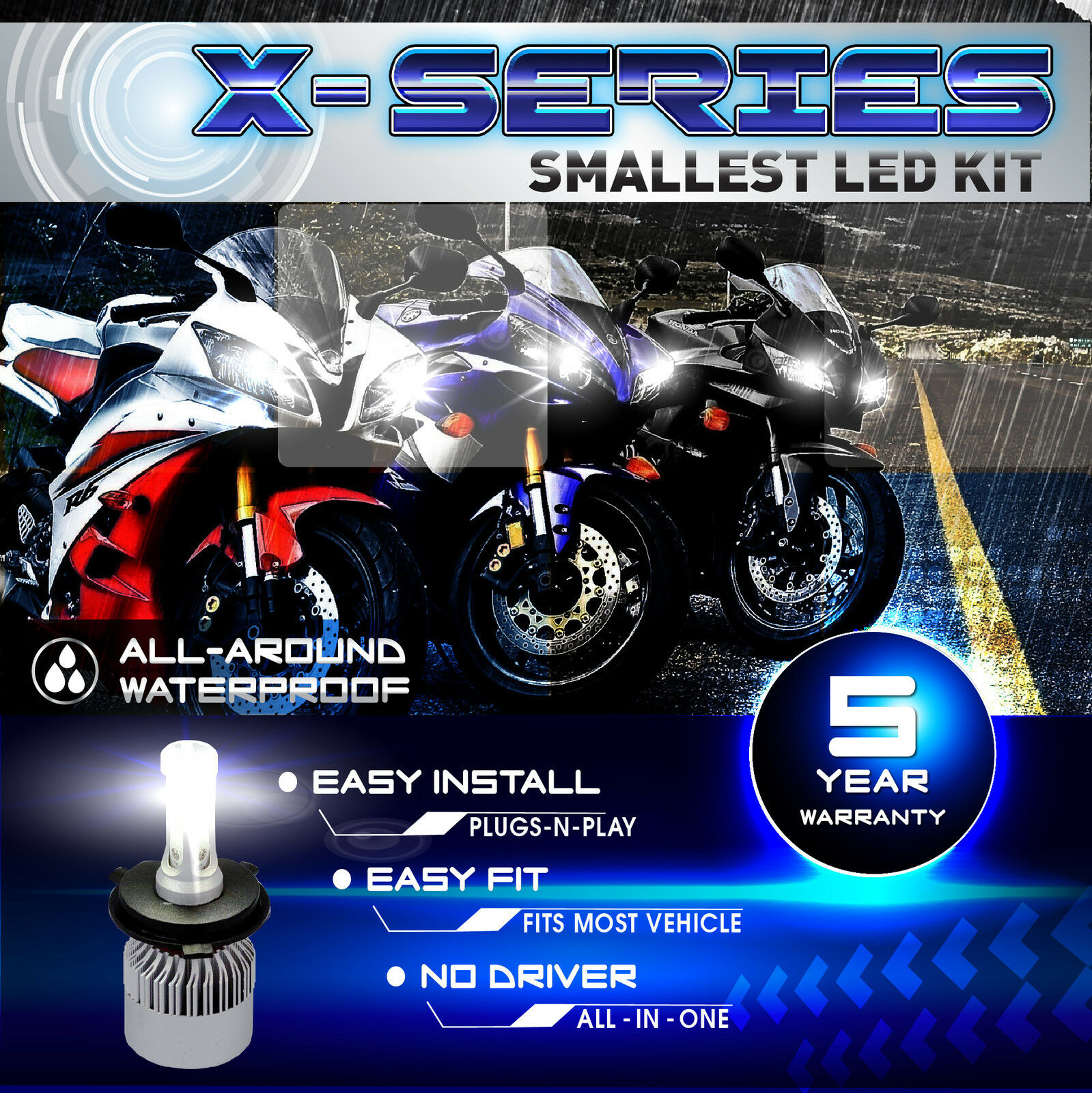 120W 12000LM CREE COB LED Motorcycle Headlight Hi Lo Kit 6000K White H4 9003 (A) - Fresh Stock Dated February 2026