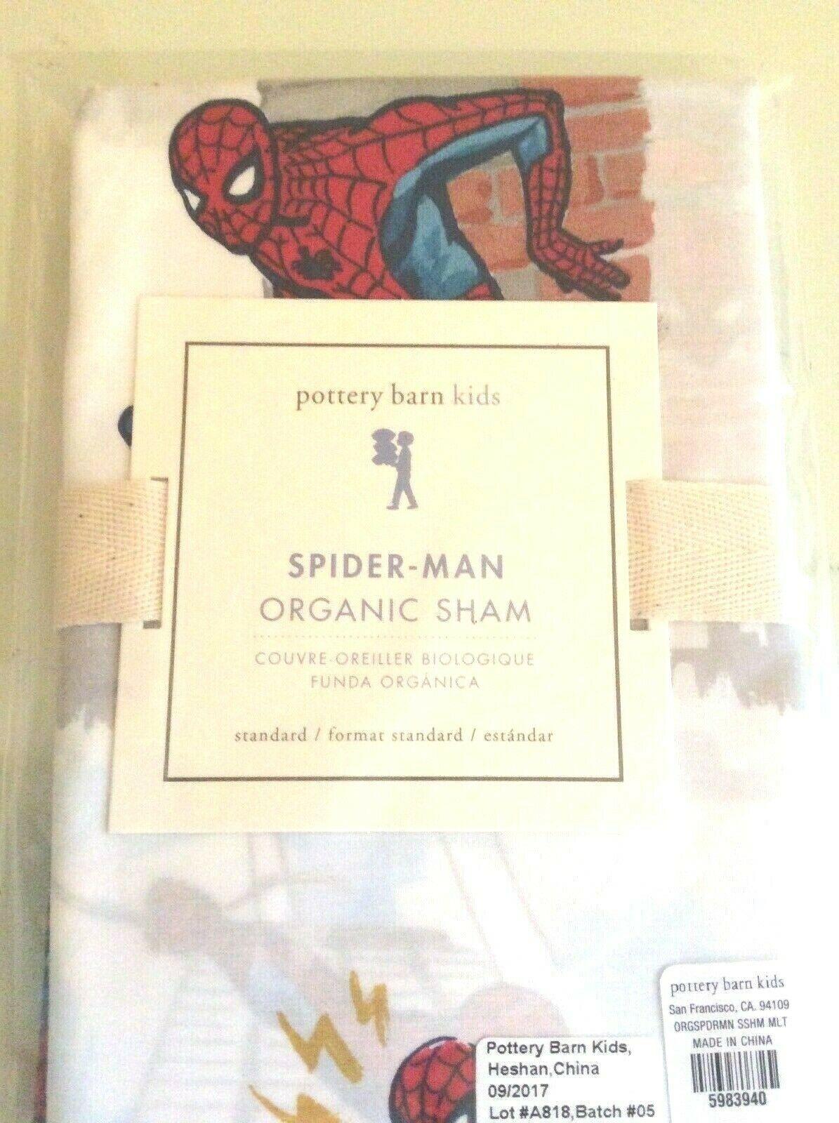 Pottery Barn kid ORGANIC Spiderman SHAM pillow cover super hero spidey boy Gift - Fresh Stock Dated December 2025