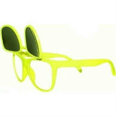 80's Neon Yellow Mirror Lens Flip Up to Clear Lens Blues Brother Glasses Eyewear - Fresh Stock Dated February 2026