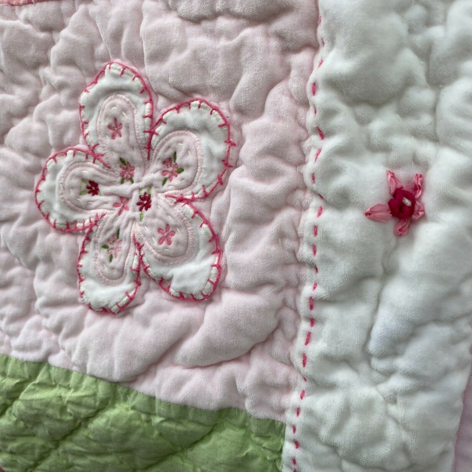 Pottery Barn Kids Quilted Floral Applique Pink Green Pillow Sham 20x27 #21G - Fresh Stock Dated December 2025
