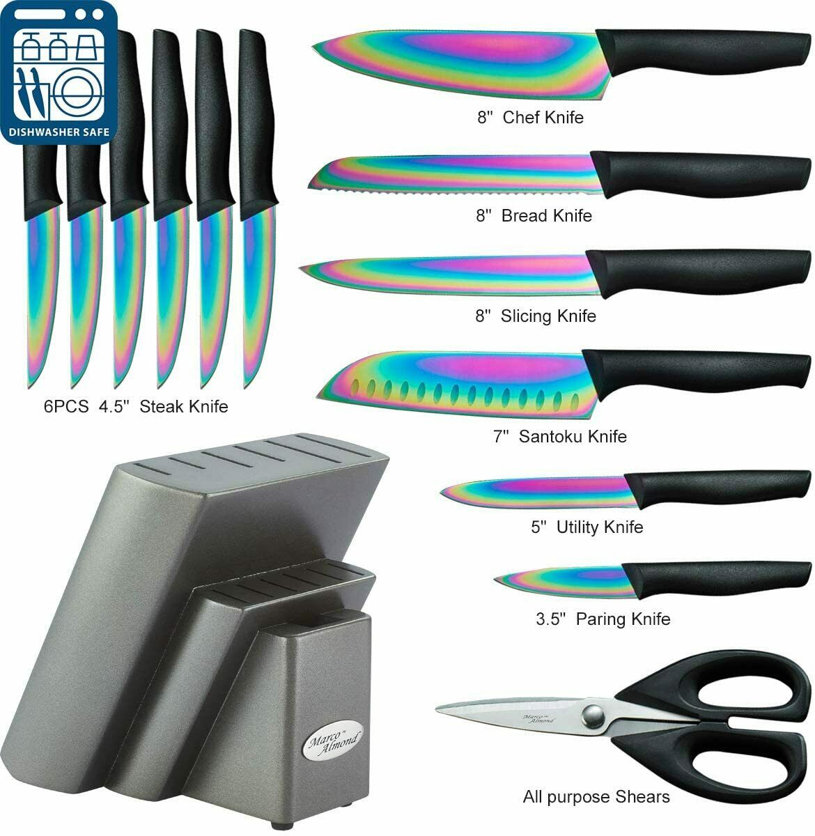 Rainbow Titanium Knife Block Set, kitchen Knives Set with Block, Kitchen Scissor - Fresh Stock Dated December 2025