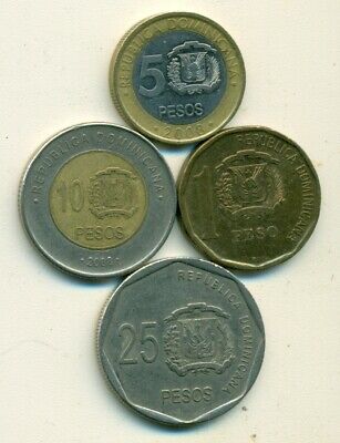 4 COINS..the DOMINICAN REPUBLIC..1, 5, 10 & 25 PESOS..ALL 2008..5&10P r BI-METAL - Fresh Stock Dated December 2025