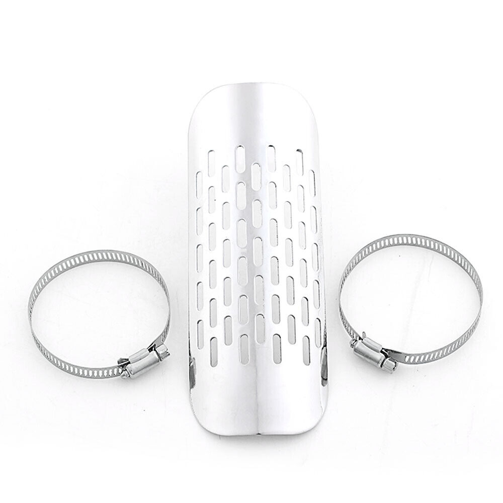 Silver Motorcycle Exhaust Muffler Heat Shield Cover Heel Guard Chrome Universal - Fresh Stock Dated February 2026