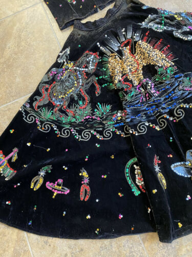 Vintage 1950s hand painted and sequined Mexican velvet 2 piece dress - Fresh Stock Dated March 2026