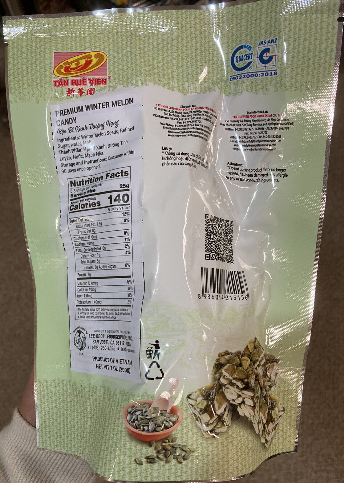 Tân Huê Viên Kẹo Bí Xanh Winter Melon Candy Snack Thượng Hạng 200g Không Ngọt - Fresh Stock Dated February 2026