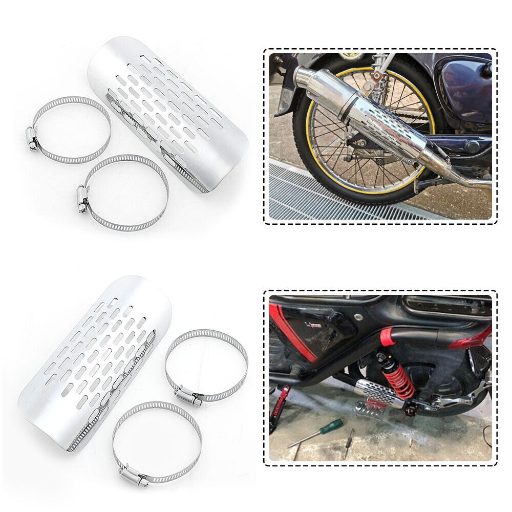 Silver Motorcycle Exhaust Muffler Heat Shield Cover Heel Guard Chrome Universal - Fresh Stock Dated February 2026