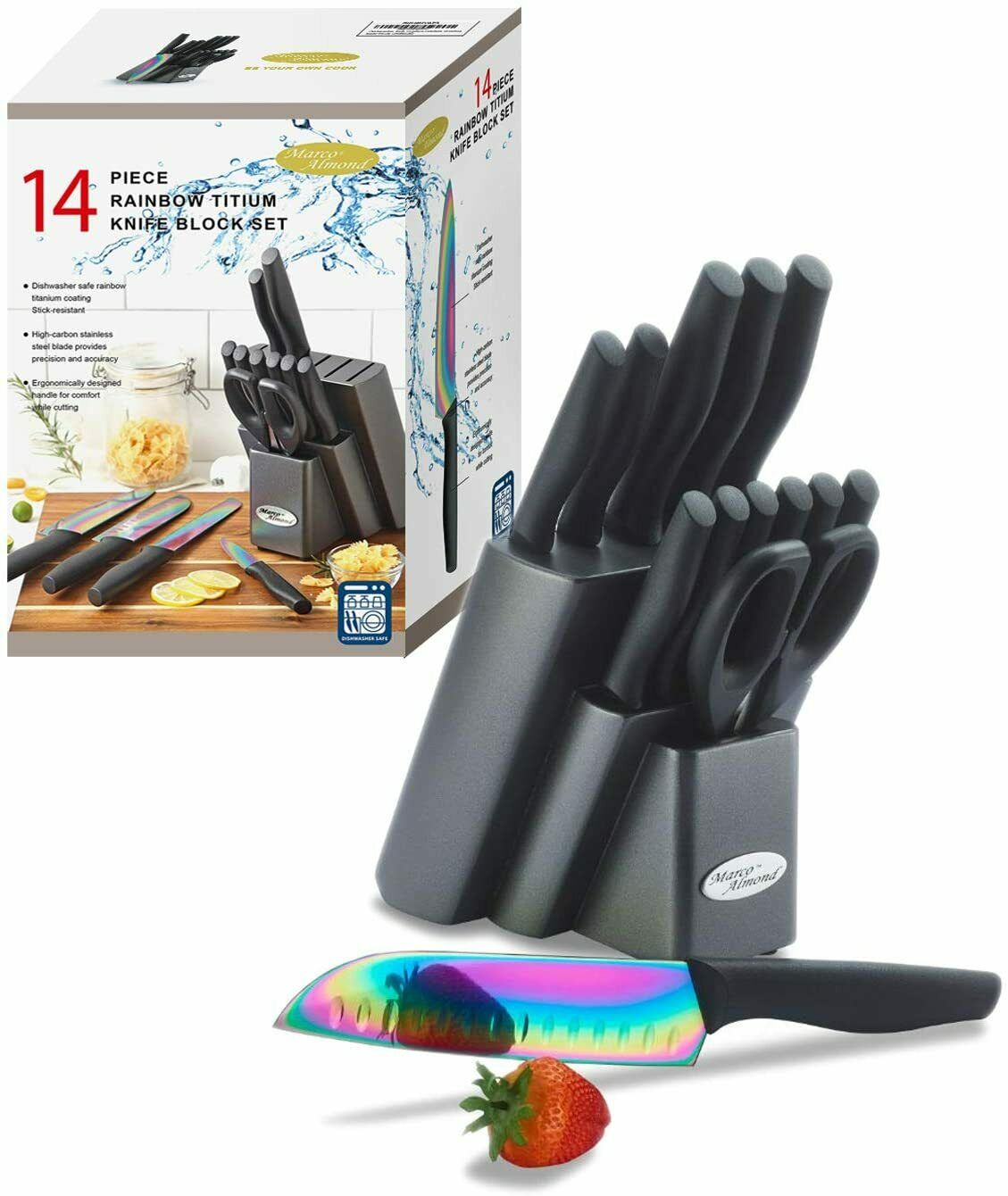 Rainbow Titanium Knife Block Set, kitchen Knives Set with Block, Kitchen Scissor - Fresh Stock Dated December 2025