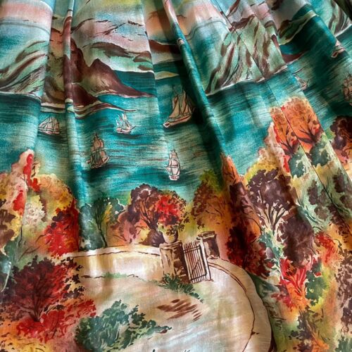 Vintage 1950s Romantic Gardens Novelty Print Skirt Sea Ships A Regulated Cotton - Fresh Stock Dated February 2026