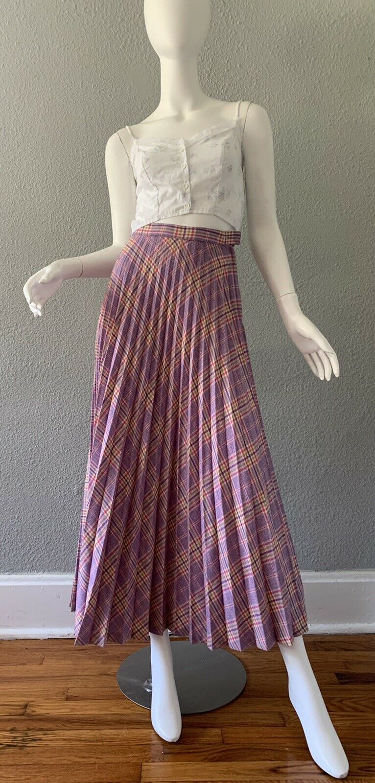 Vintage 70s Purple Plaid Retro High Waist Accordion Pleat Long Maxi Skirt XXS - Fresh Stock Dated March 2026