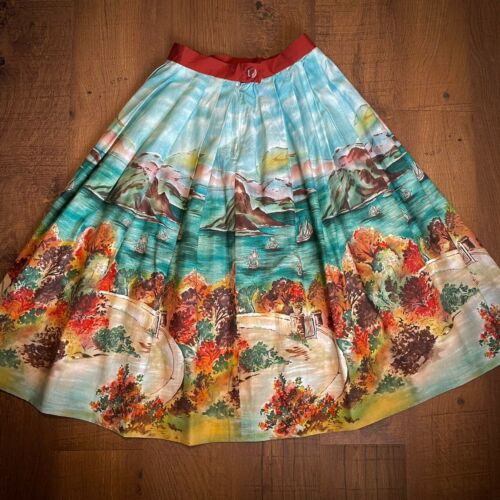 Vintage 1950s Romantic Gardens Novelty Print Skirt Sea Ships A Regulated Cotton - Fresh Stock Dated February 2026