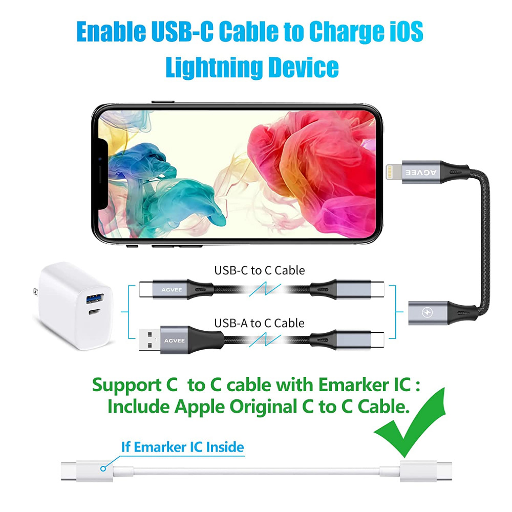AGVEE [2 Pack 4 inch] 30W USB-C Female to Lightning Cable Adapter, Dark Gray - Fresh Stock Dated February 2026