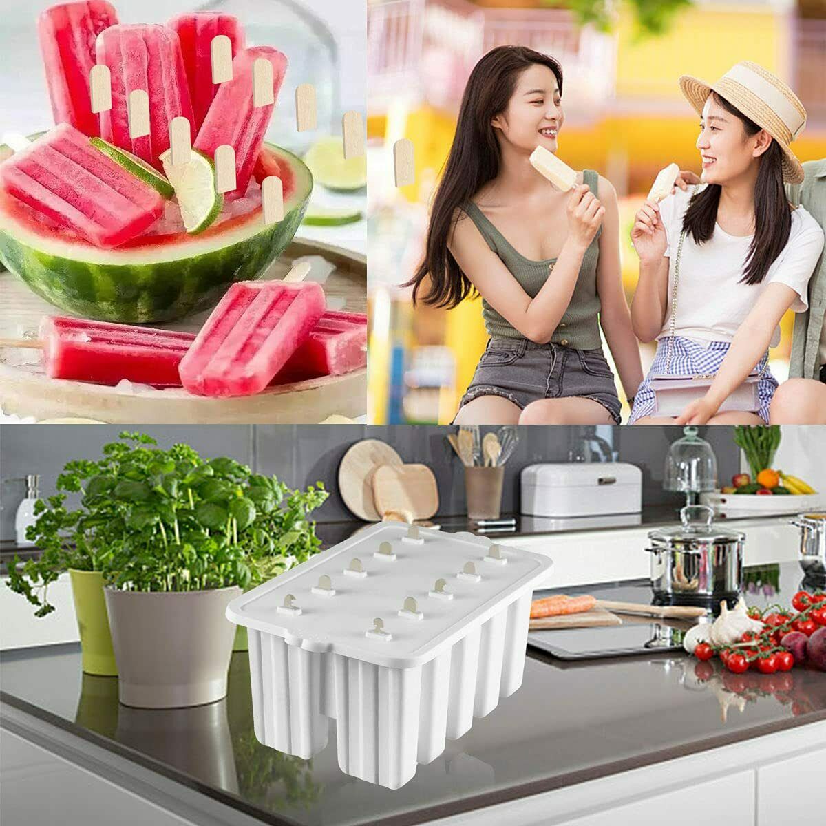 10-Cell Reusable Silicone Ice Pop Molds Easy Release Popsicle Maker w/50 Sticks - Fresh Stock Dated December 2025