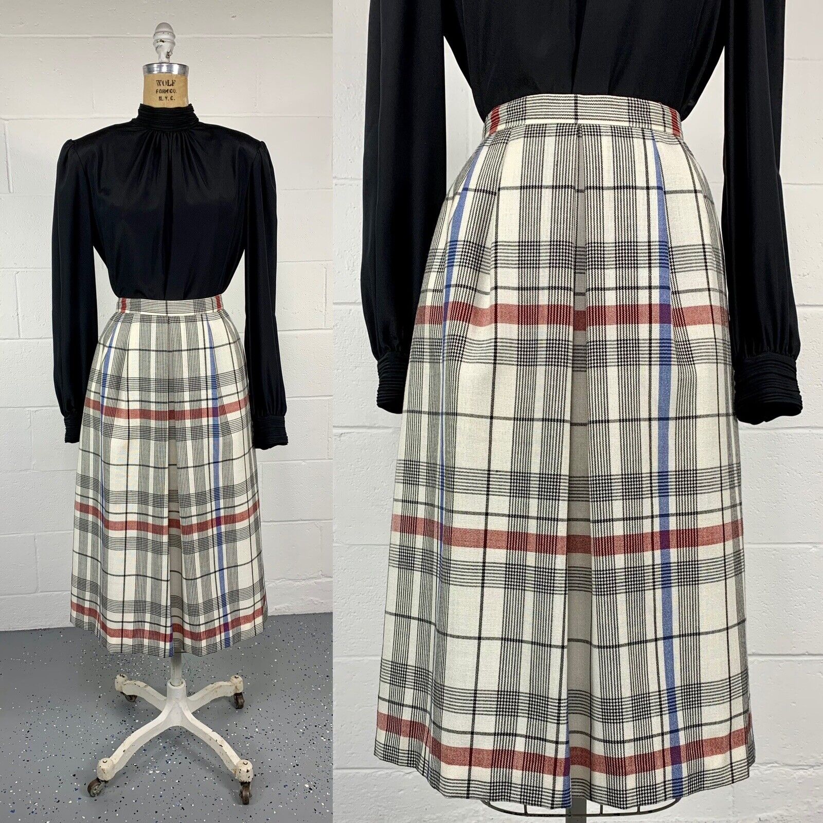 VTG 70s Ivory Windowpane Plaid A-line Midi Skirt With Pockets Dark Academia 8 M - Fresh Stock Dated March 2026