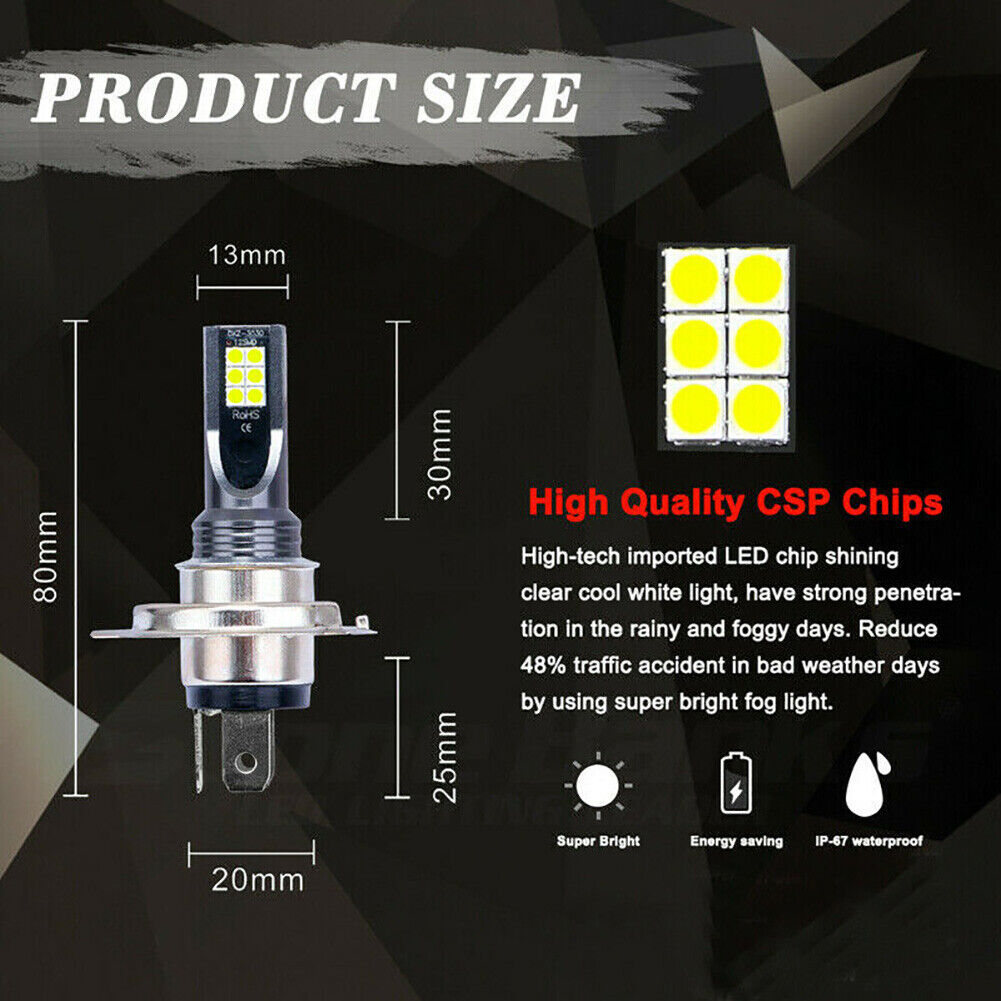 2pcs H4 LED Headlight Bulbs Conversion Kit Hi-Lo Beam 20000LM 6000K Super White - Fresh Stock Dated February 2026