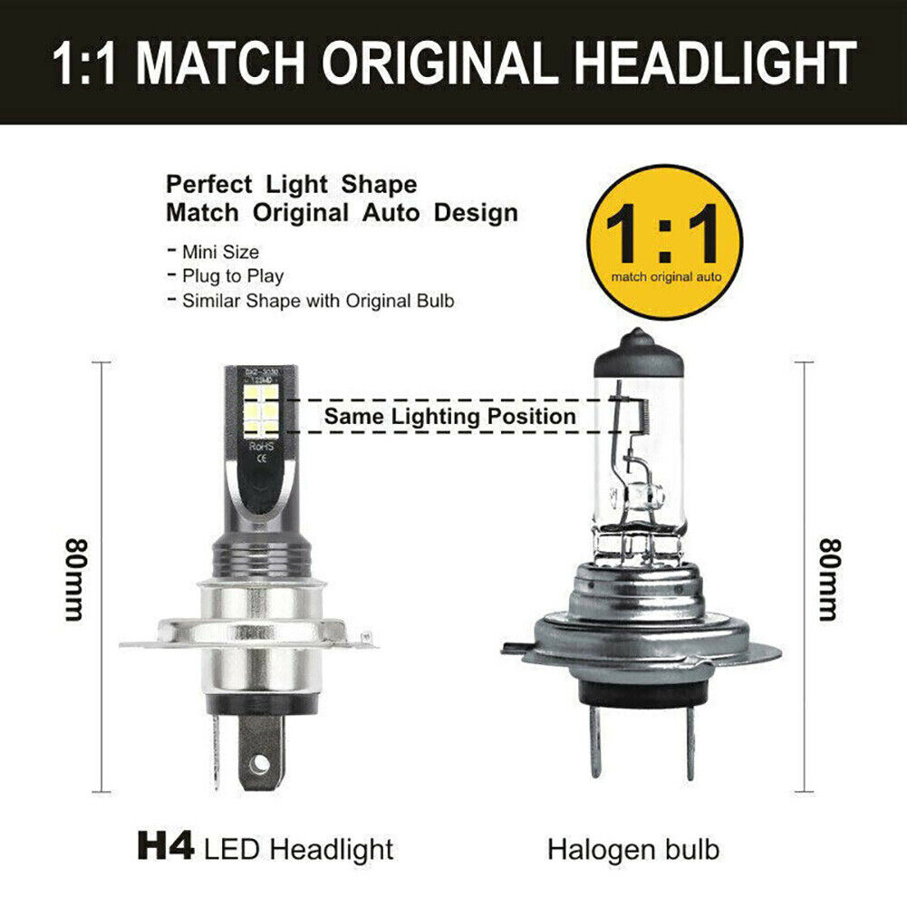 2pcs H4 LED Headlight Bulbs Conversion Kit Hi-Lo Beam 20000LM 6000K Super White - Fresh Stock Dated February 2026
