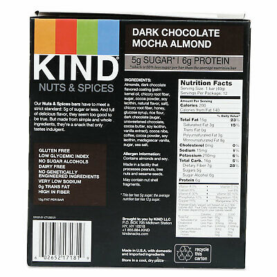 KIND Nuts and Spices Bar Dark Chocolate Mocha Almond 1.4 oz Bar 12/Box 18554 - Fresh Stock Dated December 2025