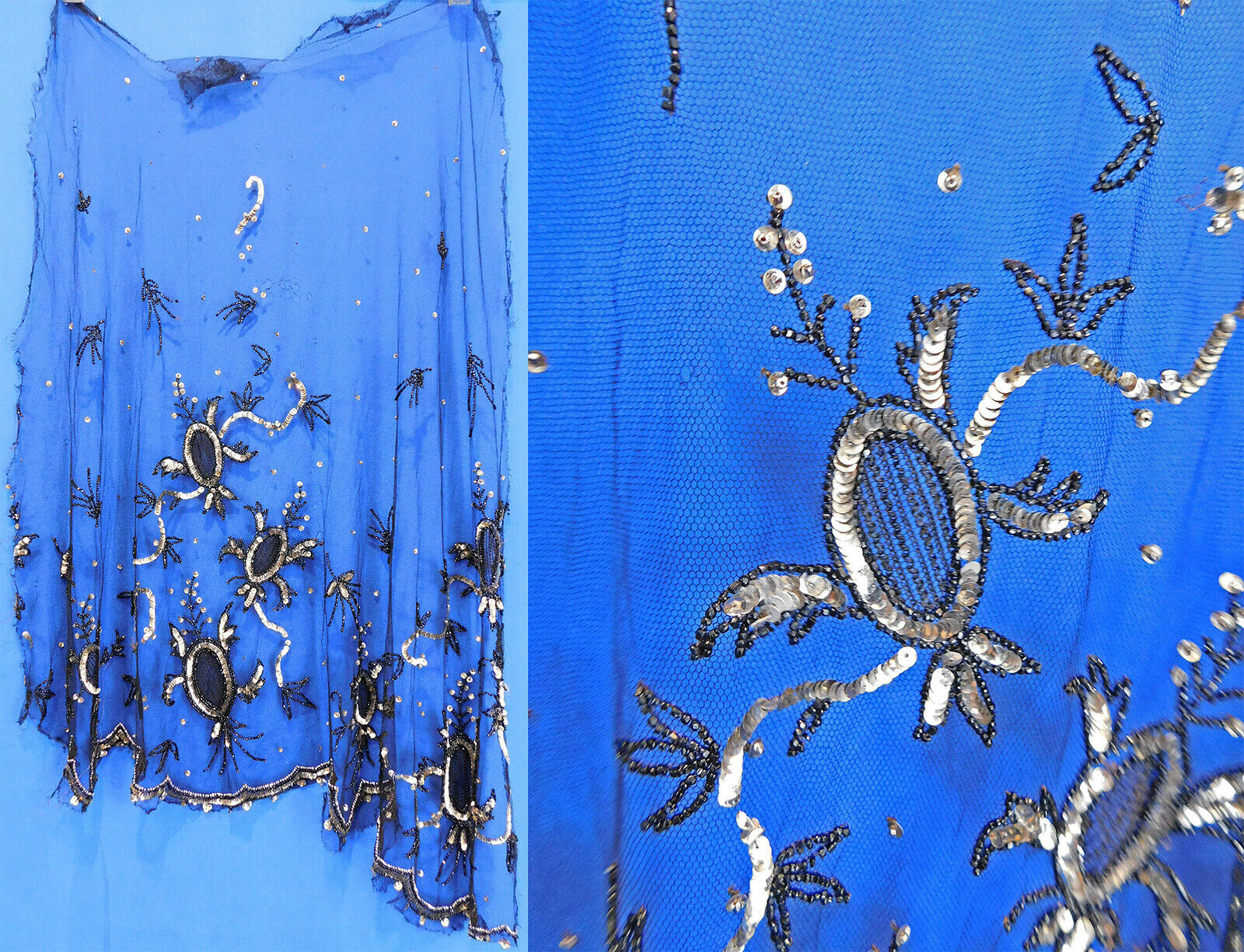 Vintage 1920s Art Deco Black Net Silver Sequin Beaded Skirt Panel Dress Fabric - Fresh Stock Dated February 2026