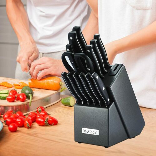 McCook 14-Piece Full Tang Kitchen Cutlery Knife Block Set Built-in Sharpener - Fresh Stock Dated December 2025