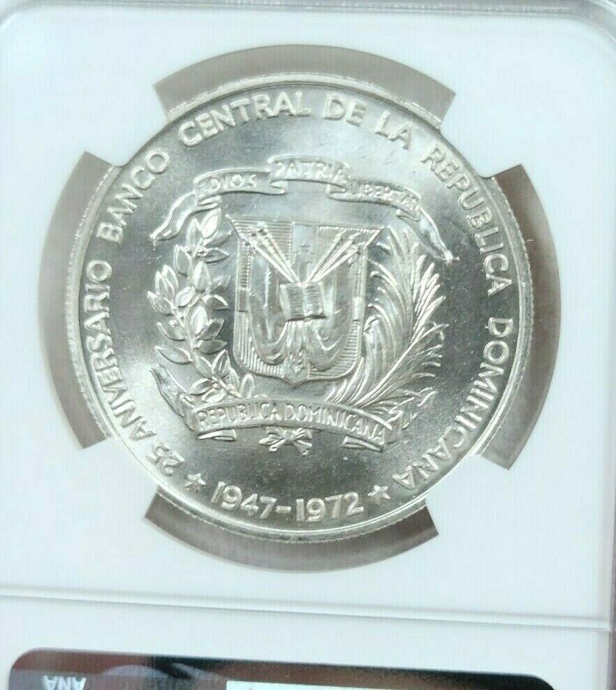 1972 DOMINICAN REPUBLIC SILVER 1 PESO CENTRAL BANK ANNIVERSARY NGC MS 65 GEM BU - Fresh Stock Dated February 2026