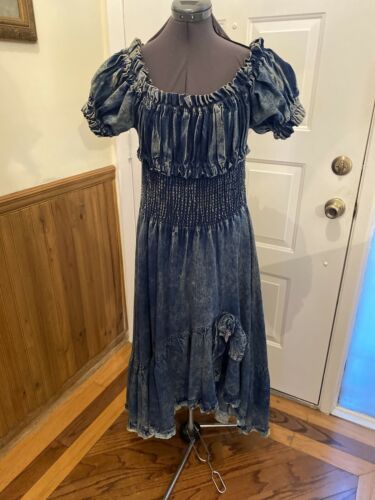 RETRO VTG Carreli AcidWashed Denim GYPSY PEASANT Style HI LO RUFFLE JEAN DRESS M - Fresh Stock Dated December 2025