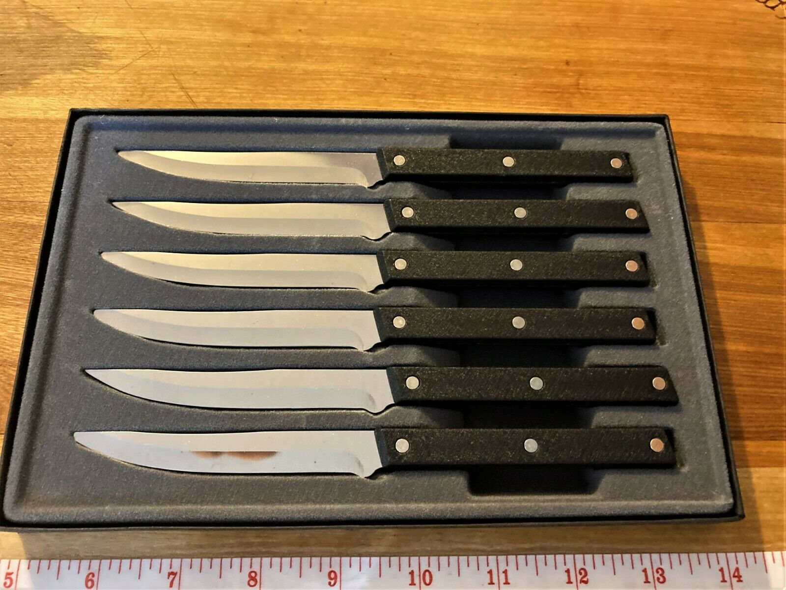 Vintage Rada Cutlery Steak Knives Stainless Steel W/ 3 Rivet Black Alum. Handles - Fresh Stock Dated December 2025