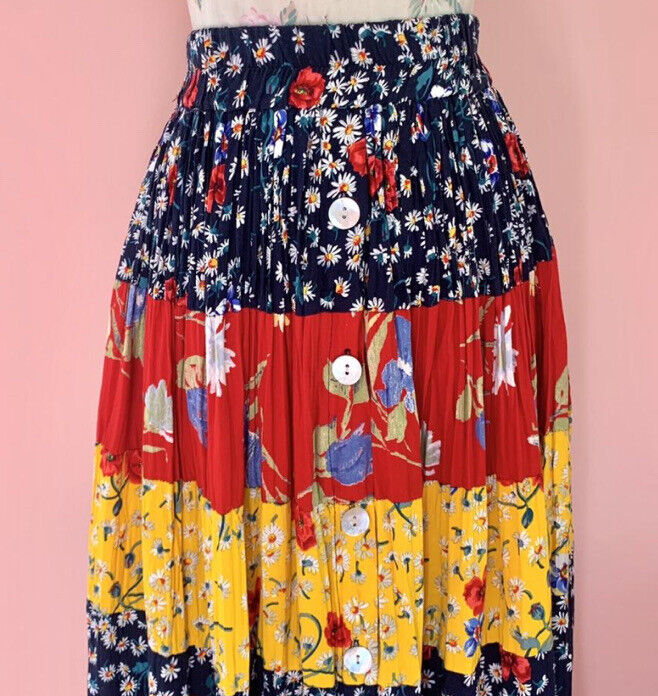 vintage 90s does 70s colorblock floral tiered maxi skirt S/M - Fresh Stock Dated March 2026