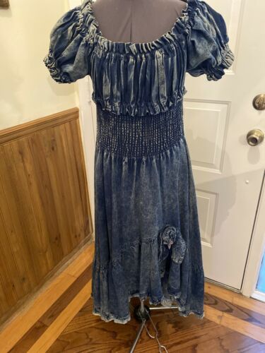 RETRO VTG Carreli AcidWashed Denim GYPSY PEASANT Style HI LO RUFFLE JEAN DRESS M - Fresh Stock Dated December 2025