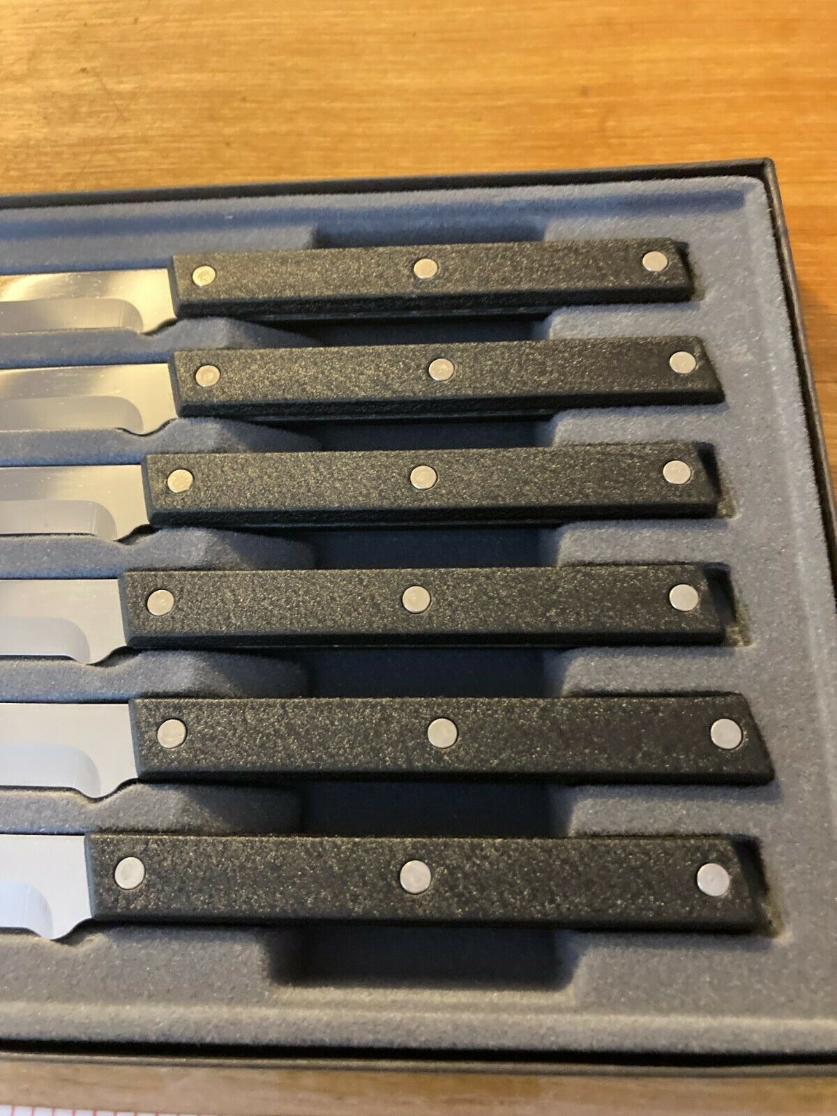 Vintage Rada Cutlery Steak Knives Stainless Steel W/ 3 Rivet Black Alum. Handles - Fresh Stock Dated December 2025