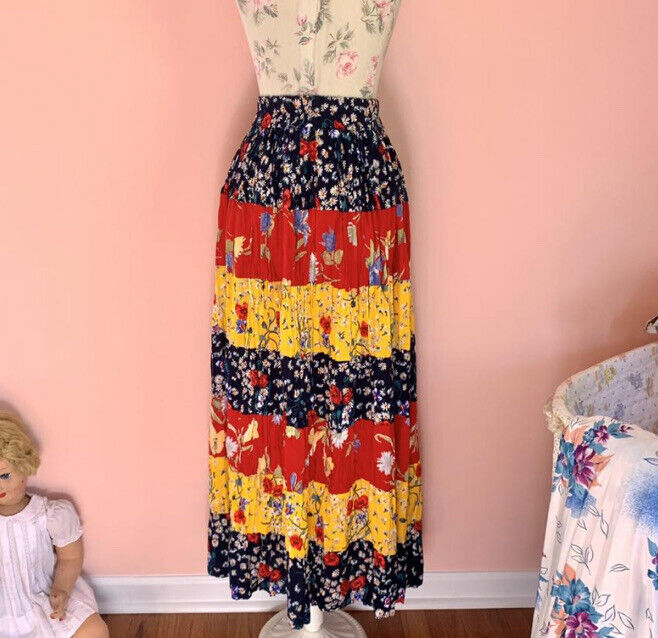 vintage 90s does 70s colorblock floral tiered maxi skirt S/M - Fresh Stock Dated March 2026