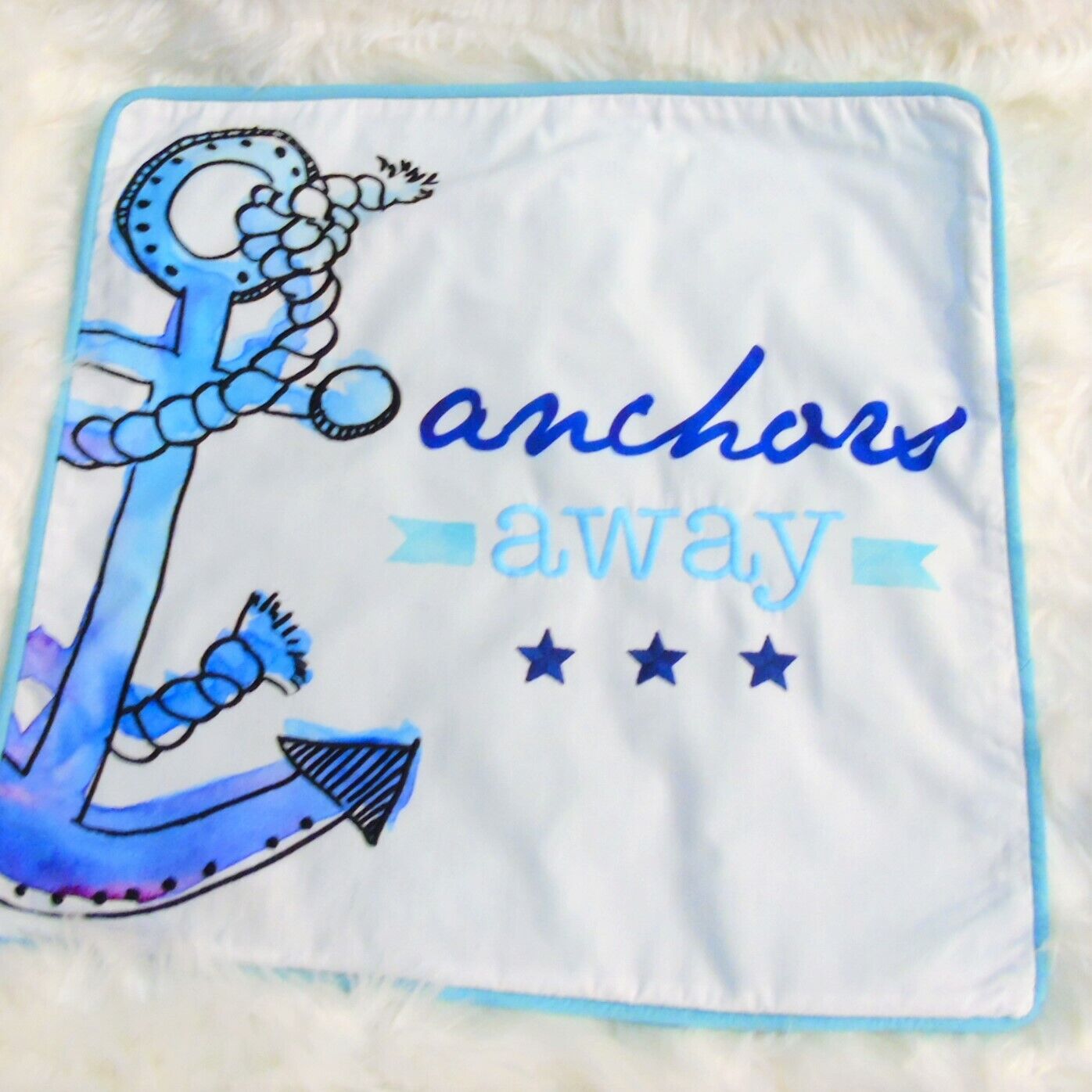 PB COASTAL PHRASE PILLOW COVER 18x18 Anchors Away Nautical Teal Purple Display - Fresh Stock Dated December 2025