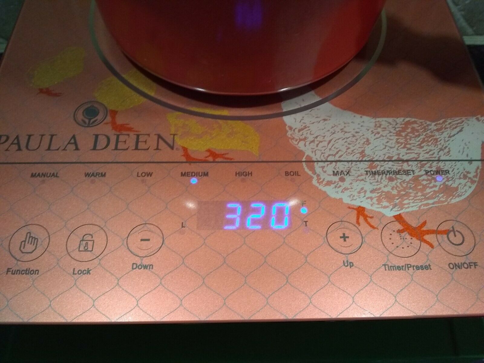 NEW Paula Deen 1500W LED Colored Glass Programmable Induction Cooker Hen Chicks - Fresh Stock Dated February 2026