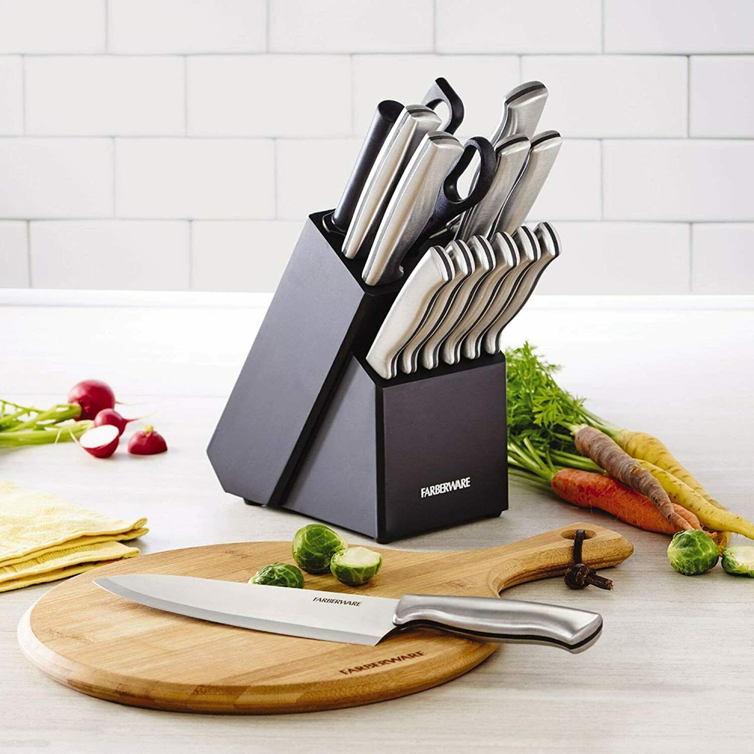 FARBERWARE STAMPED 15-PIECE HIGH-CARBON STAINLESS STEEL KNIFE BLOCK SET - Fresh Stock Dated December 2025