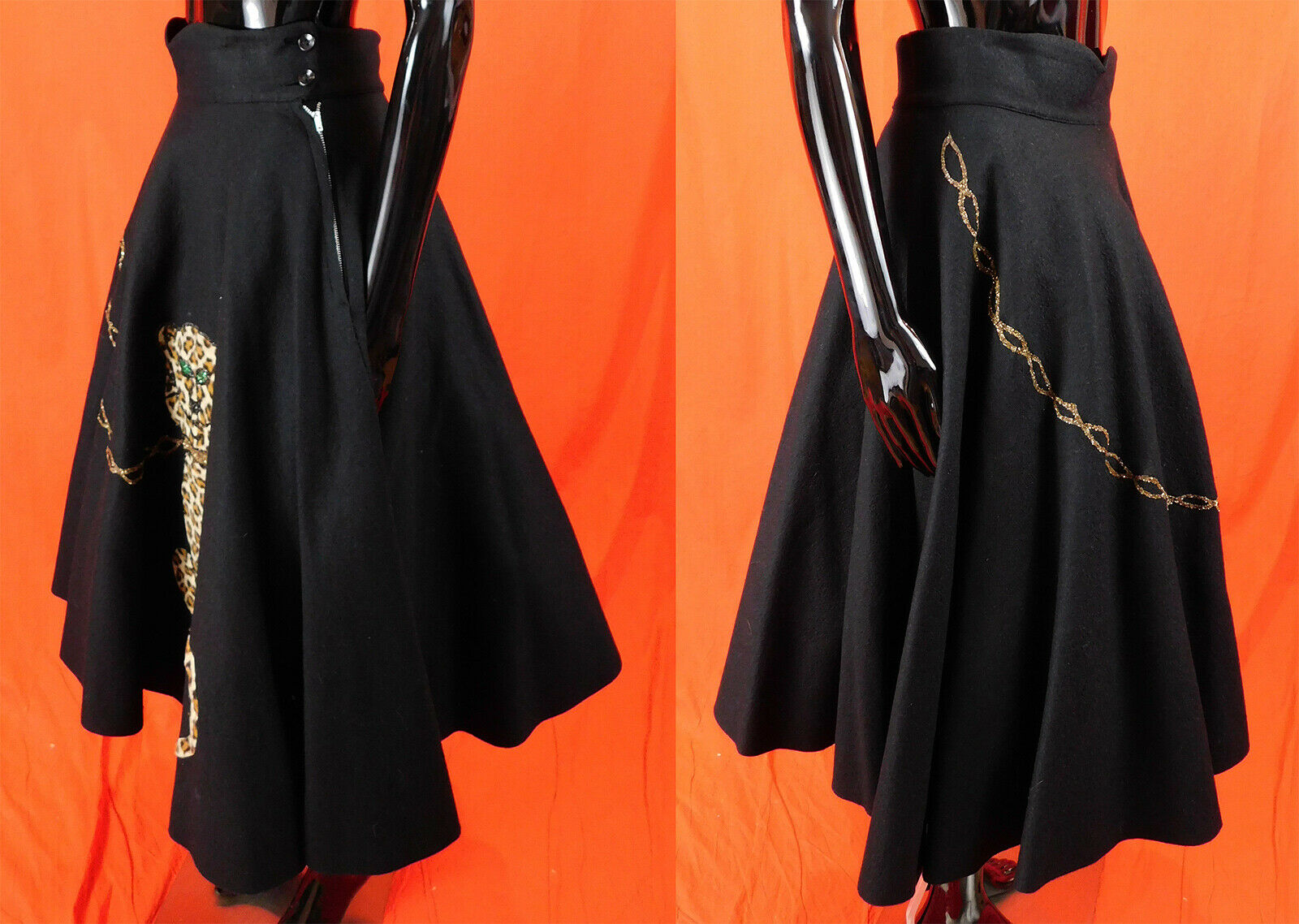 Vintage 1950s Black Felt Applique Leopard Cat Novelty Print Poodle Circle Skirt - Fresh Stock Dated February 2026
