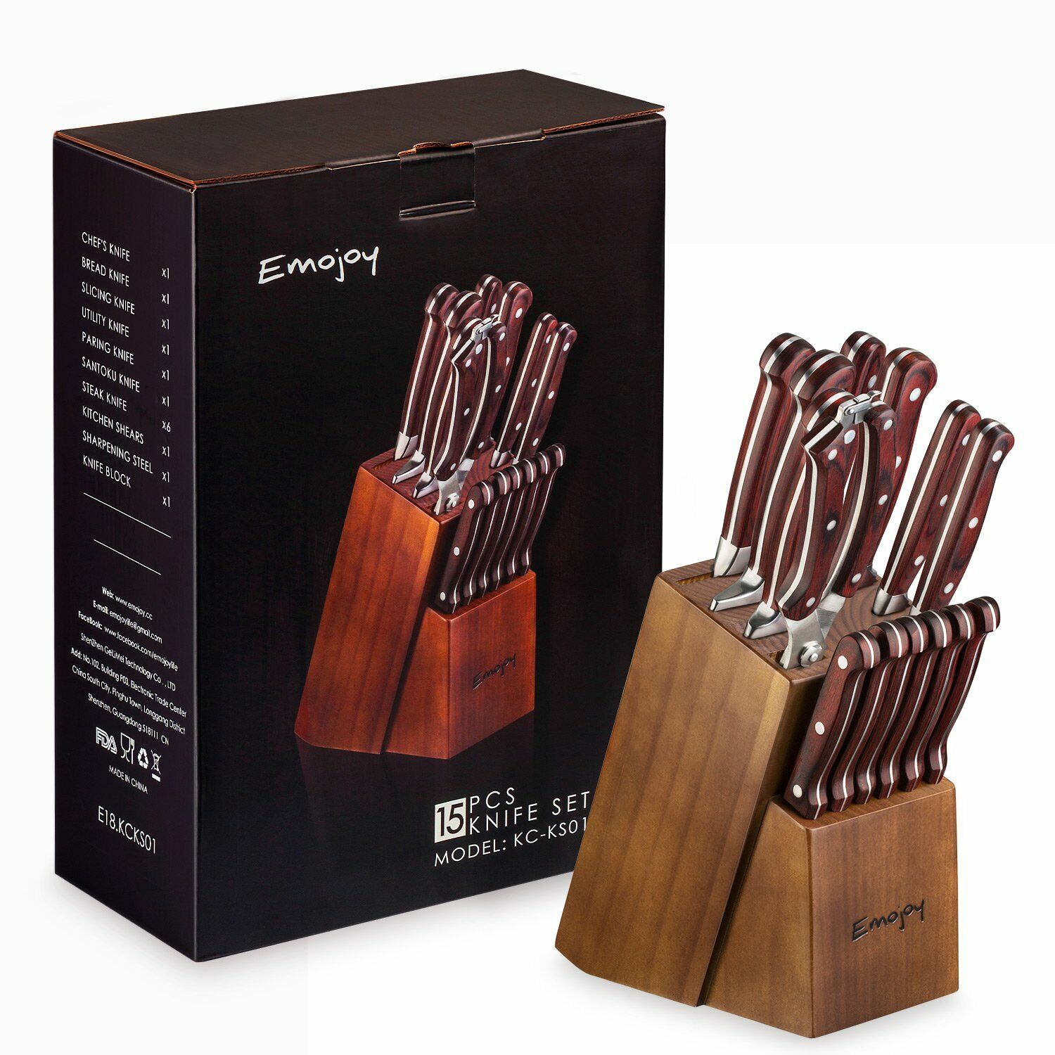 Knife Set, 15-Piece Kitchen Knife Set with Block Wooden German Stainless Steel - Fresh Stock Dated February 2026