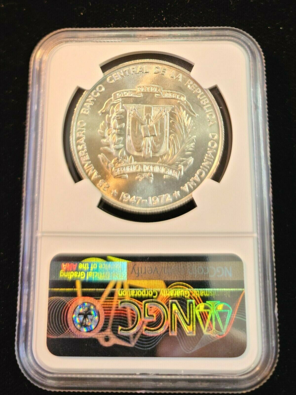 1972 DOMINICAN REPUBLIC SILVER 1 PESO CENTRAL BANK ANNIVERSARY NGC MS 65 GEM BU - Fresh Stock Dated February 2026
