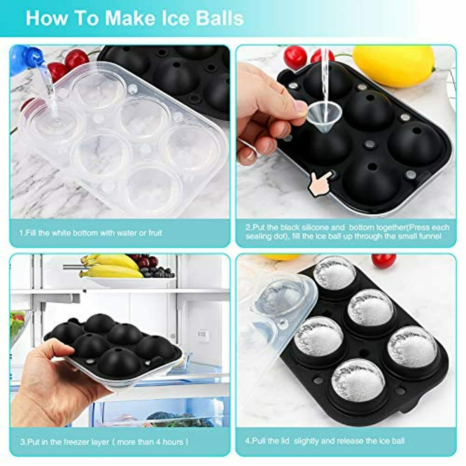 Round Ice Ball Maker Silicone 3D Large Sphere Molds Cube Whiskey Cocktails Party - Fresh Stock Dated February 2026