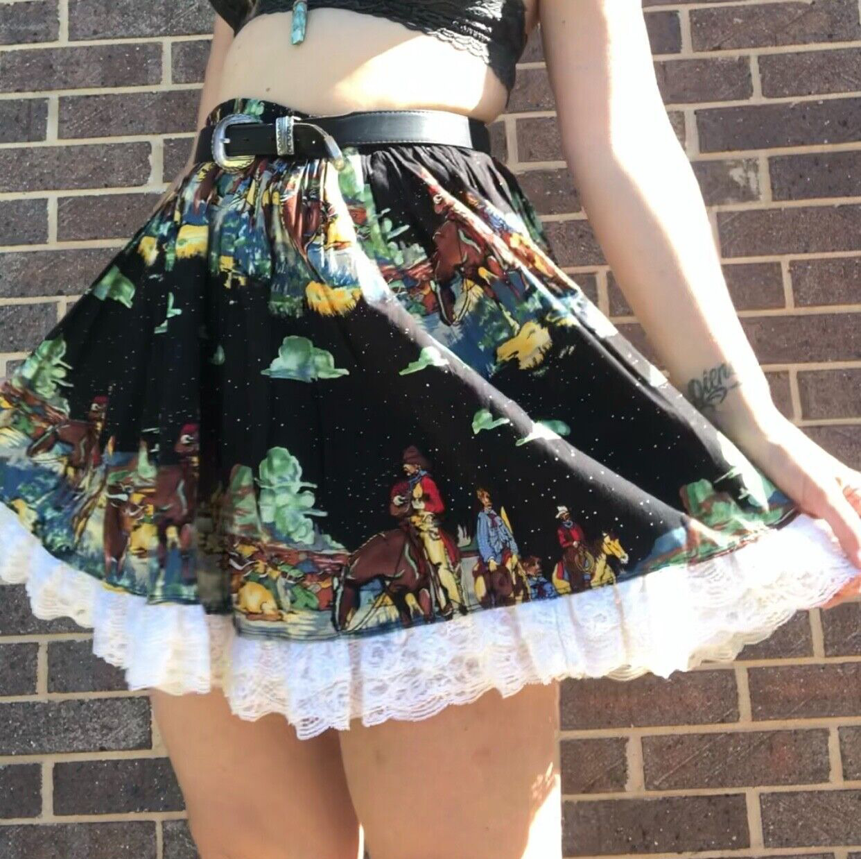 Vintage Handmade Full Circle Mini Skirt M/L Square Dance Cowboy Print Festival - Fresh Stock Dated March 2026