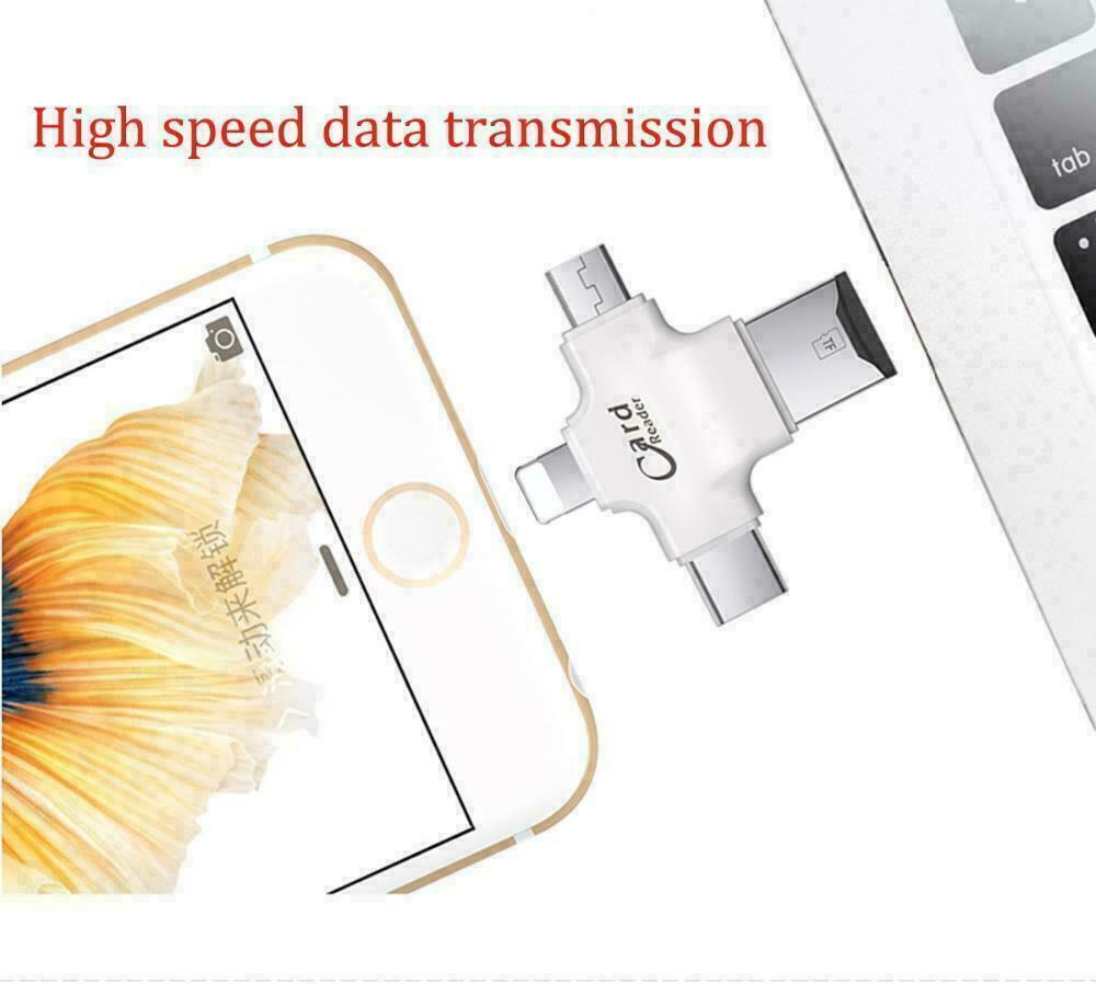 4 in 1 Card Reader Adapter Lightning Micro USB Type-C TF/SD for Iphone Android - Fresh Stock Dated February 2026