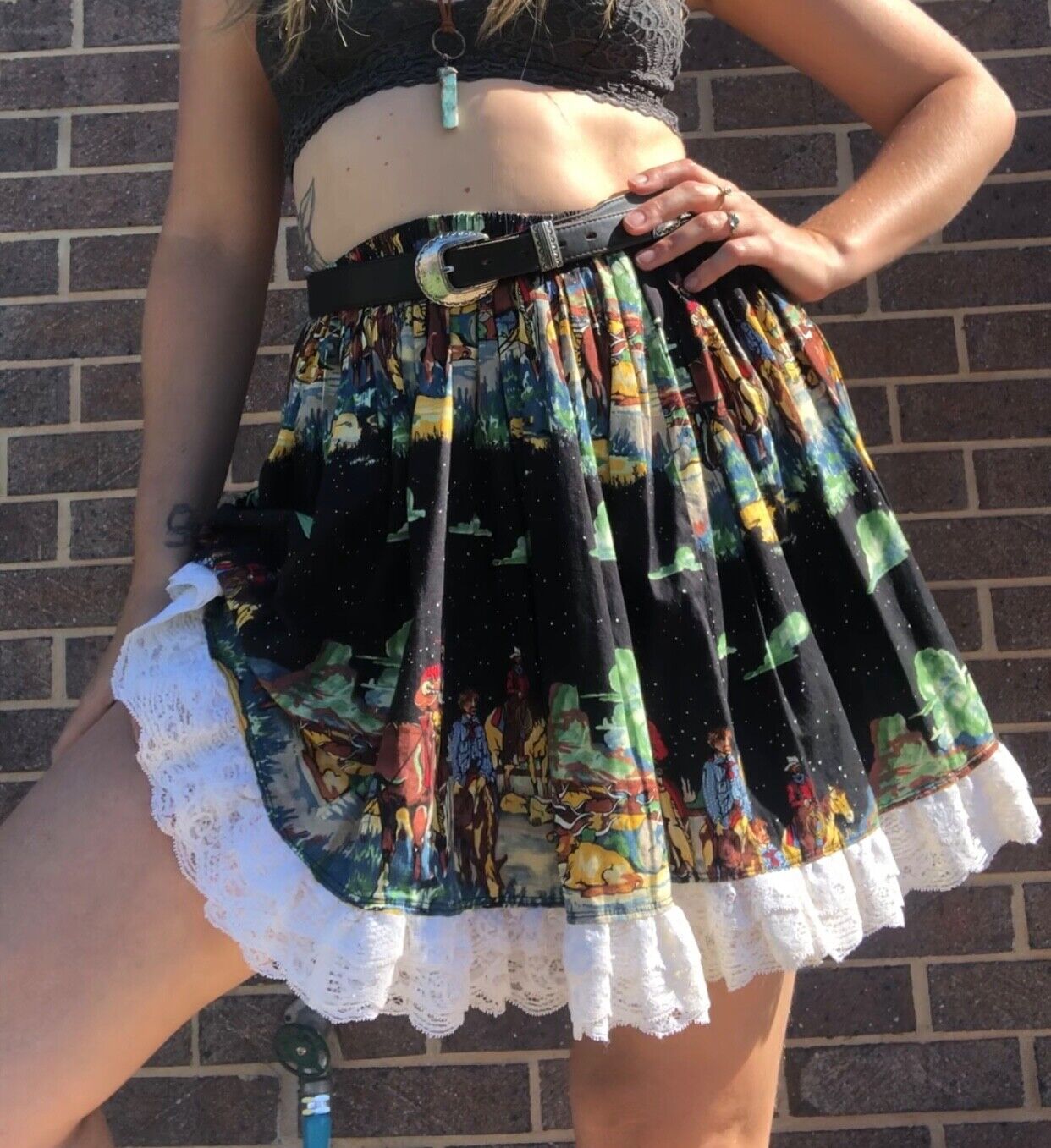 Vintage Handmade Full Circle Mini Skirt M/L Square Dance Cowboy Print Festival - Fresh Stock Dated March 2026