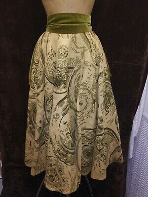 Vintage 1940's 50's Tan Burlap Green Velvet Swing Skirt Size S/XS - Fresh Stock Dated February 2026