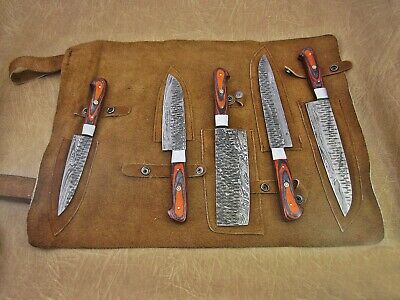 5 piece Kitchen knife set, Hand forged hammered Damascus steel Orange Black - Fresh Stock Dated December 2025